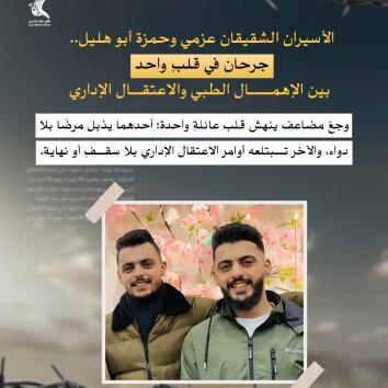 الأسيران الشقيقان عزمي وحمزة أبو هليل.. جرحان في قلبٍ واحد بين الإهمال الطبي والاعتقال الإداري